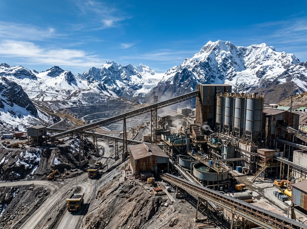 Planta de procesamiento minero en alta cordillera con nieve